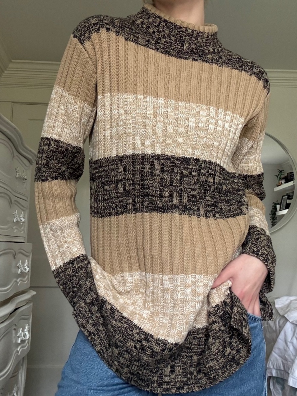 VINTAGE 90s/y2k striped ribbed mock neck knit sweater